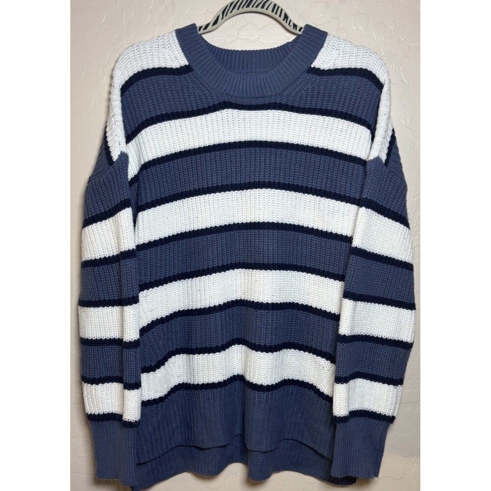 SO Womens XXL Blue White Striped Knit Crewneck Long Sleeve Knit Sweater XXL